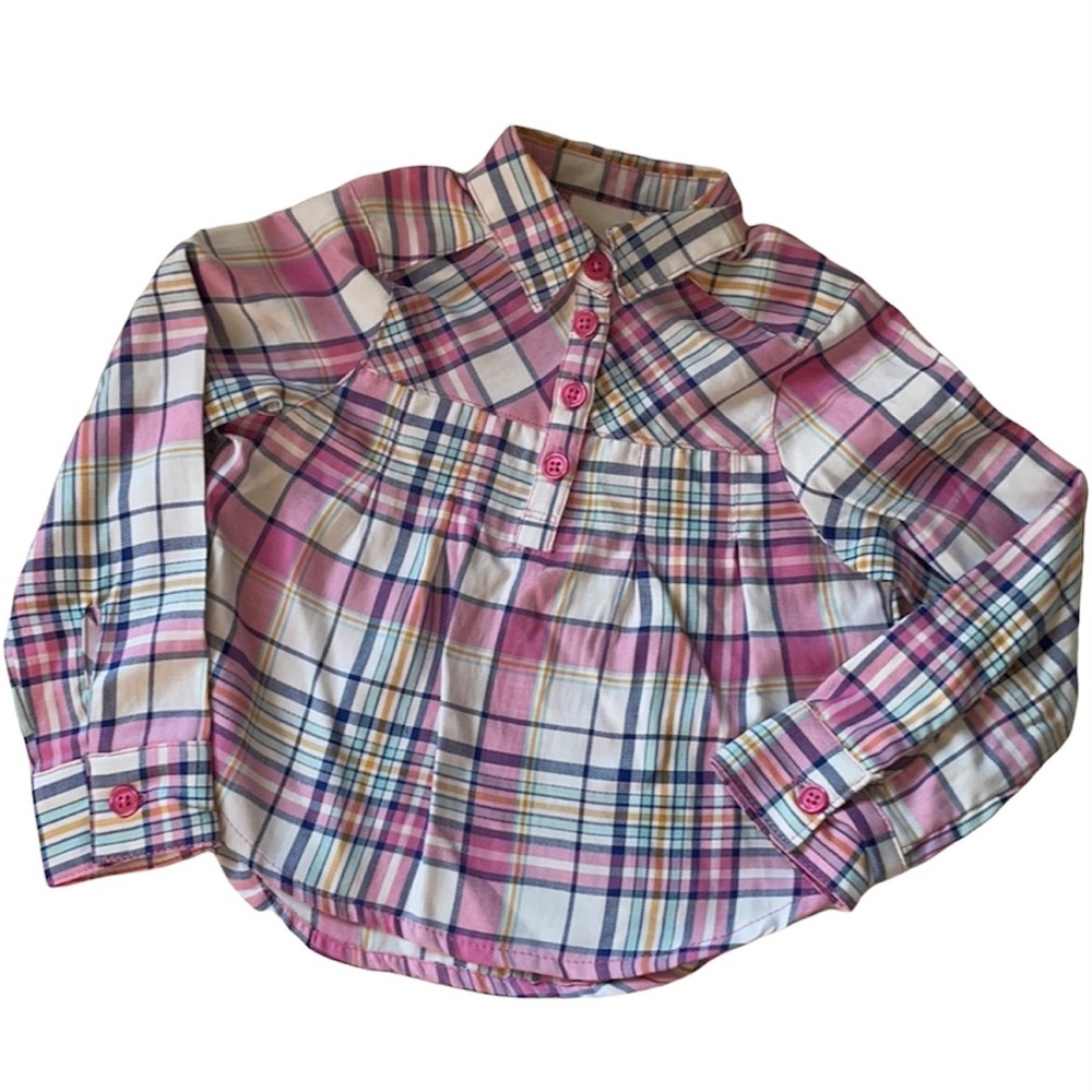 Gumballs Shirt Pink Blue Plaid Little Girls 12mo 4 Button Front Collar NEW